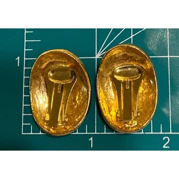 Vintage turquoise & gold enamel striped clip on earrings - 80s enamel clips‎ - Picture 6 of 8